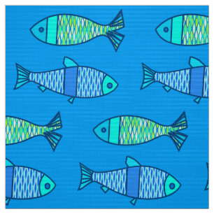 Tela Pescados modernos retros, turquesa y azul cerúleo