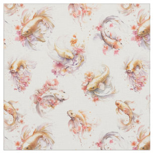 Tela Pez Koi Floral Dorado Acuarela Rosa