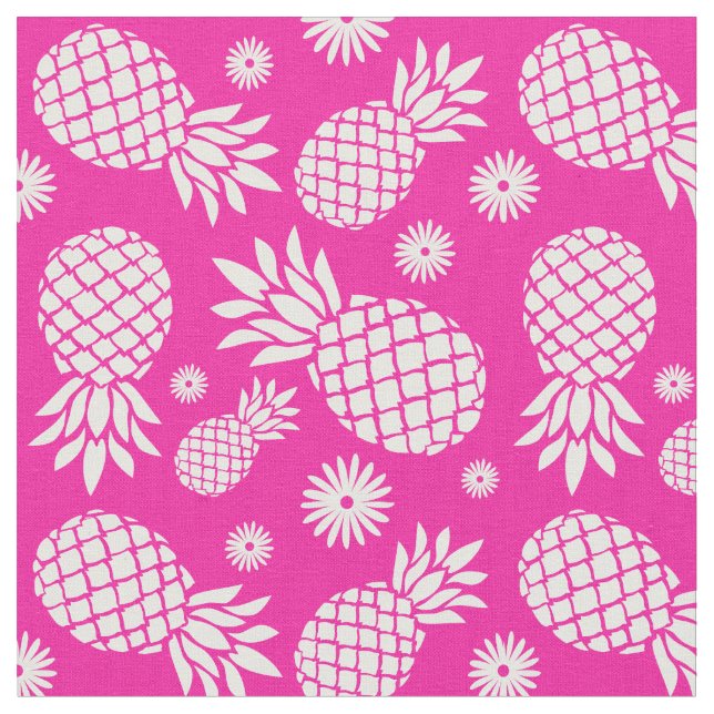 Tela Piñas y flores patrón blanco rosado (De cerca)