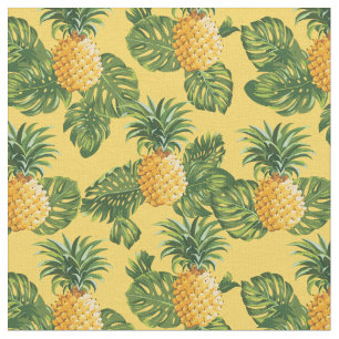 Tela Piñas y hojas tropicales en el oro