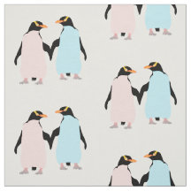 Pingüinos rosas y azules tomados de la mano.