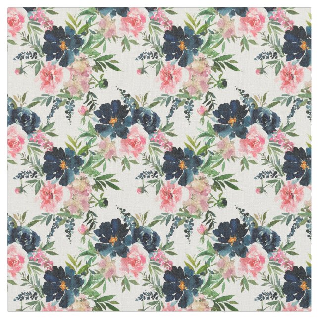 Tela Pink and Navy Blue Floral Fabric (De cerca)
