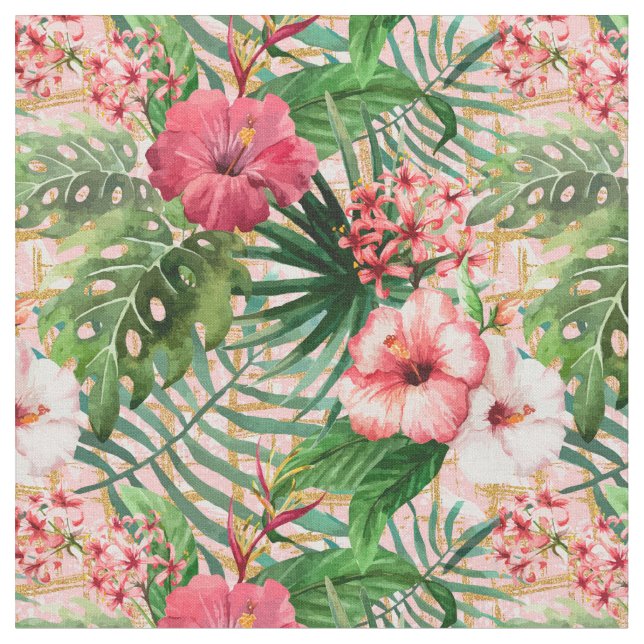 Tela Pink Tropical Flowers (De cerca)
