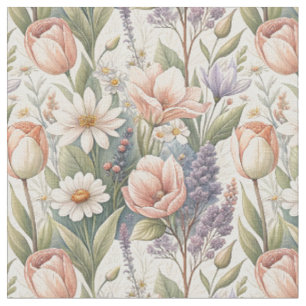 Tela Pintura floral de jardín de tulipanes y margaritas