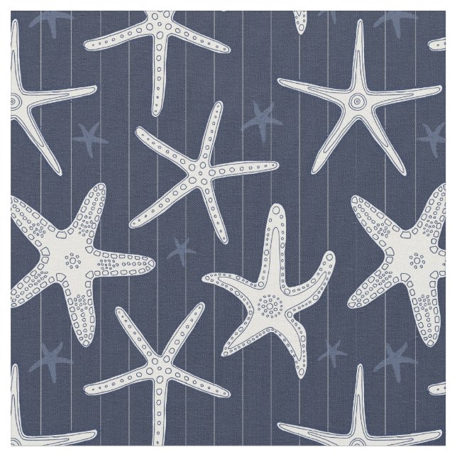 Tela Playa Starfish White and Navy Blue Stripes Beach (De cerca)