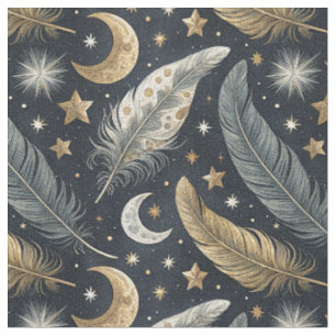 Tela Plumas Mágicas Celestiales Patrón de Luna y Estrel