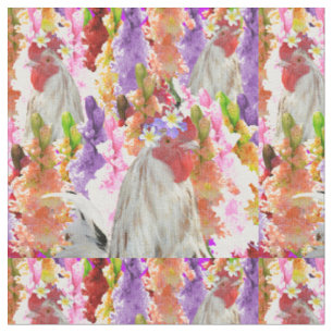 Tela Plumas y flores: Rooster entre los hollyhocks