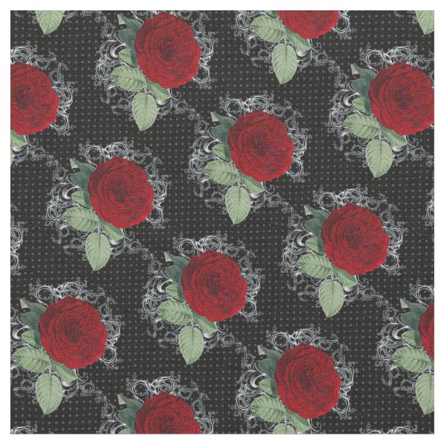 Tela Polka Dot Rosas Gothic Damask Fabric (De cerca)