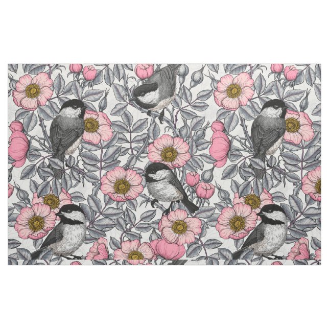 Tela Pollos en rosa silvestre, rosa y gris ("Cuarto gordo" (fat quarter))