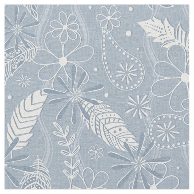 Tela polvoriento azul boho plumas flores paislies patró (De cerca)