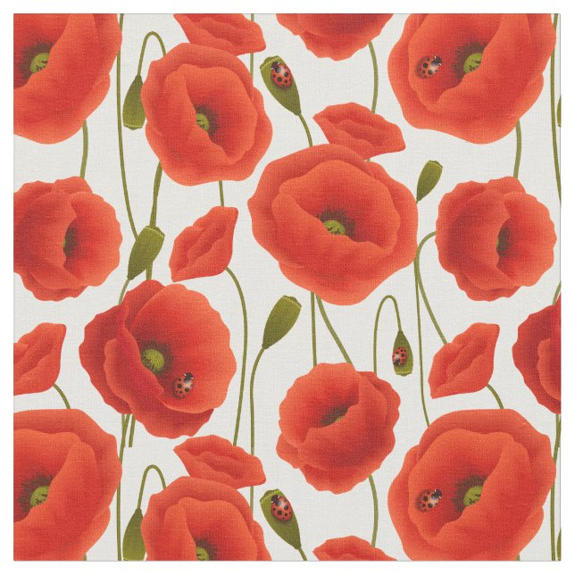Tela Poppies rojos con Lady Bugs (De cerca)
