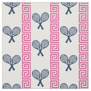 Tela Preppy Greek Key Tennis Stripe - Rosa Caliente y A