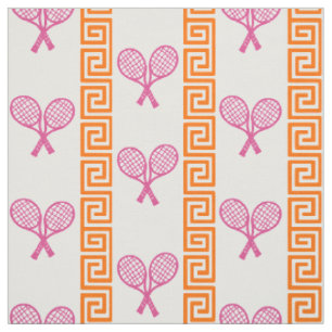 Tela Preppy Greek Key Tennis Stripe - Rosa Caliente y N