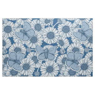 Tela Primavera azul, flores silvestres, margaritas