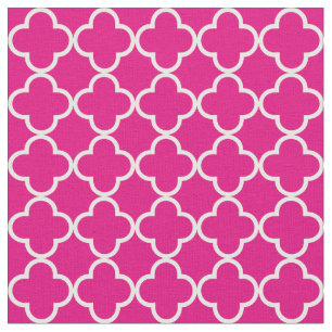 Tela Quatrefoil blanco y rosa caliente