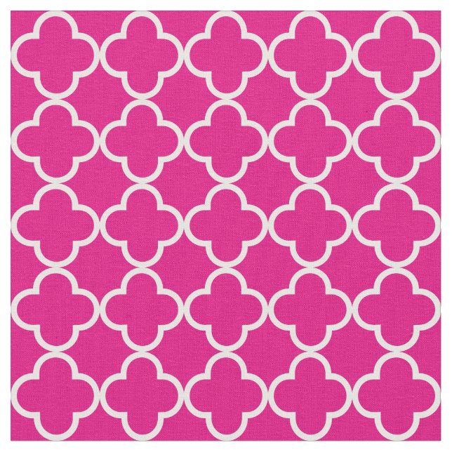 Tela Quatrefoil blanco y rosa caliente (De cerca)