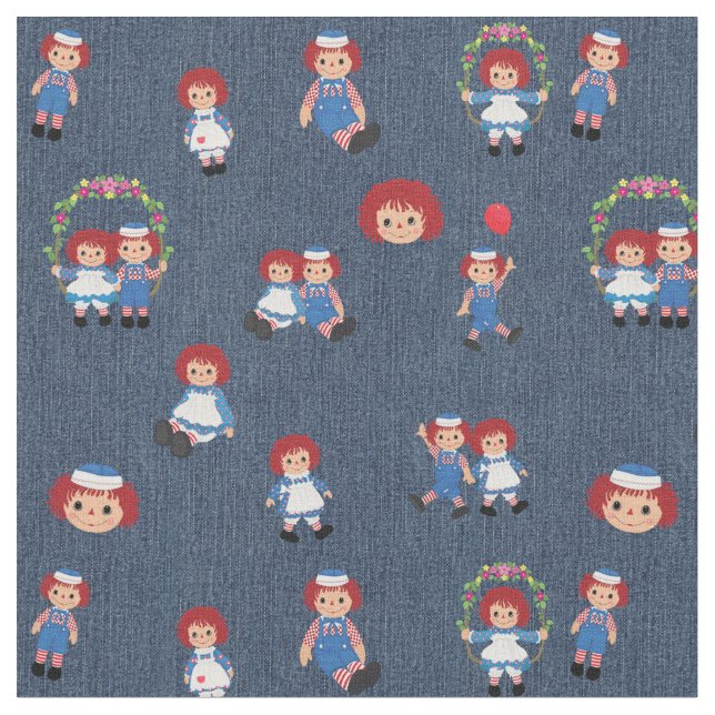 Tela Raggedy Ann y Andy en Blue Denim (De cerca)