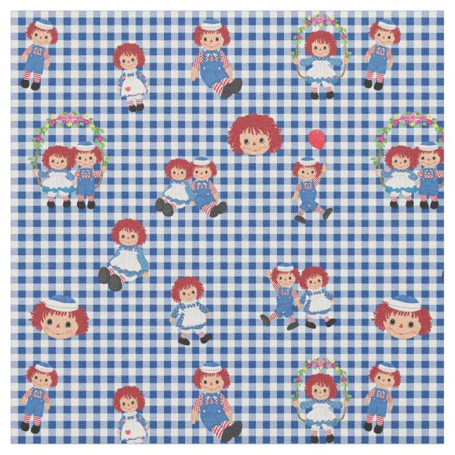 Tela Raggedy Ann y Andy en Dark Blue Gingham (De cerca)