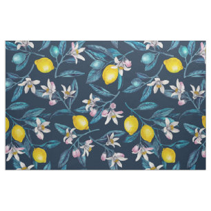 Tela Ramas de limón con flores y fruta en azul
