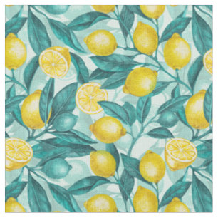Tela Ramas de limón en azul y amarillo