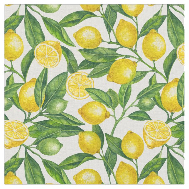 Tela Ramas de limón en verde y amarillo (De cerca)
