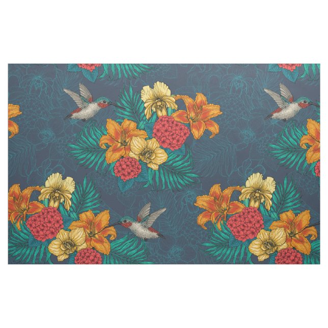 Tela Ramos tropicales y colibríes ("Cuarto gordo" (fat quarter))