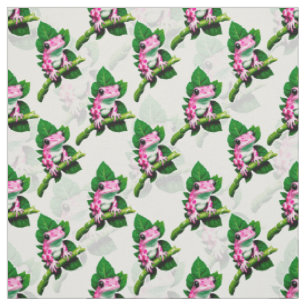 Tela Rana Rosa En Diseño De Patrón De Hojas Verdes