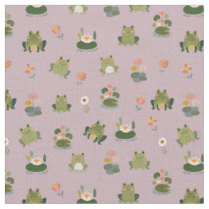Tela Ranas y hojas de nenúfar en gris-rosa pastel
