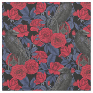 Tela Ravens y rosas con hojas azul oscuro