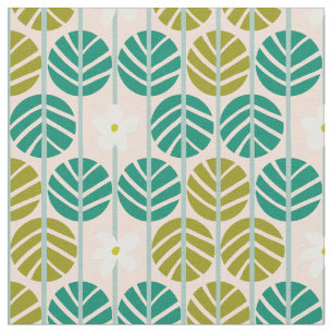 Tela Rayas de verano retro floral verde con base rosa