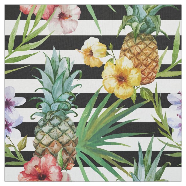 Tela Rayas negras tropicales de la flor de la piña de (Retal)