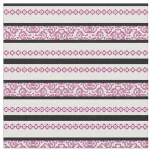 Tela Rayas Negras y Blancas con Patrón Floral Magenta