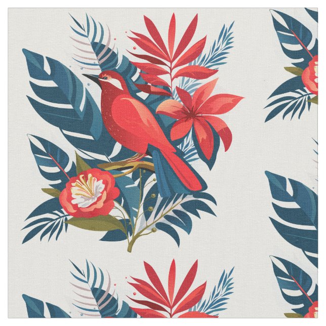 Tela Red bird & flowers pattern Winter Holiday Artistic (De cerca)