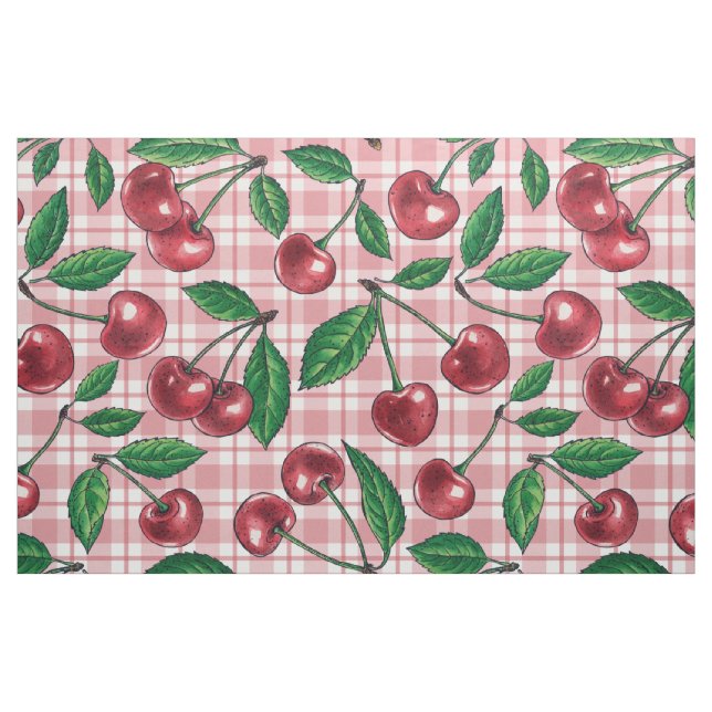 Tela Red cherries on pink gingham ("Cuarto gordo" (fat quarter))