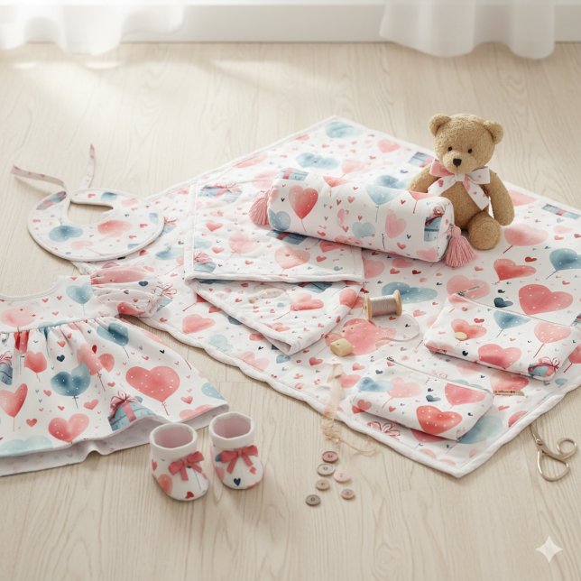 Tela Regalos de globos de corazones sin costuras de acu (Whimsical Watercolor Seamles Heart Balloons Gifts  Fabric)
