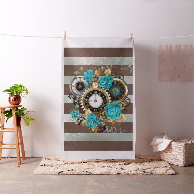 Tela Reloj de vapor y Rosas turquesa a rayas (In Situ)