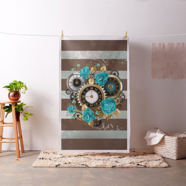 Tela Reloj de vapor y Rosas turquesa a rayas (In Situ)