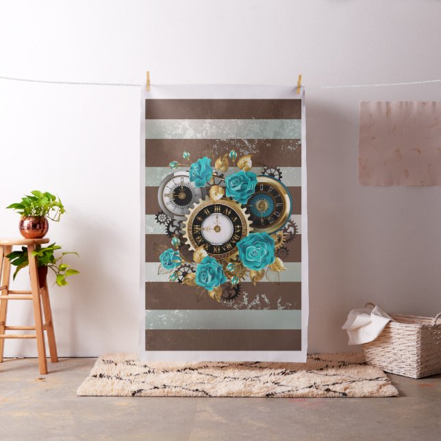 Tela Reloj de vapor y Rosas turquesa a rayas (In Situ)