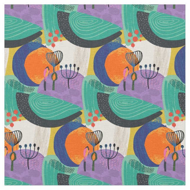 Tela Resumen floral Patrón púrpura Verde azulado (De cerca)