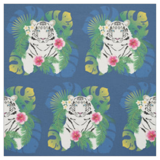 Tela Retrato de tigre blanco con hojas tropicales