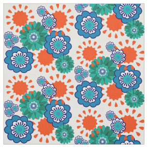 Tela Retro Big Flowers Blue Naranja Mezcla Diseño Flor