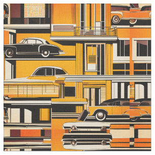 Tela Retro Cars Mostaza Geométrica Mid Century