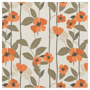 Tela Retro Naranja Botánico Atrevido 70s Floral Vintage