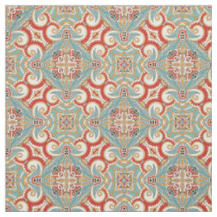 Tela Retro Pretty Chic Rojo Teal Floral Patrón de Mosai