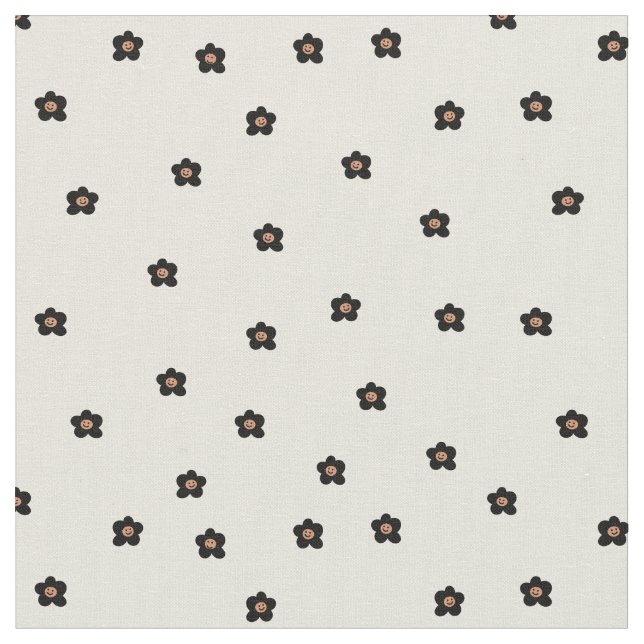 Tela Retro Smiling Flower Pattern in Black and Cream (De cerca)