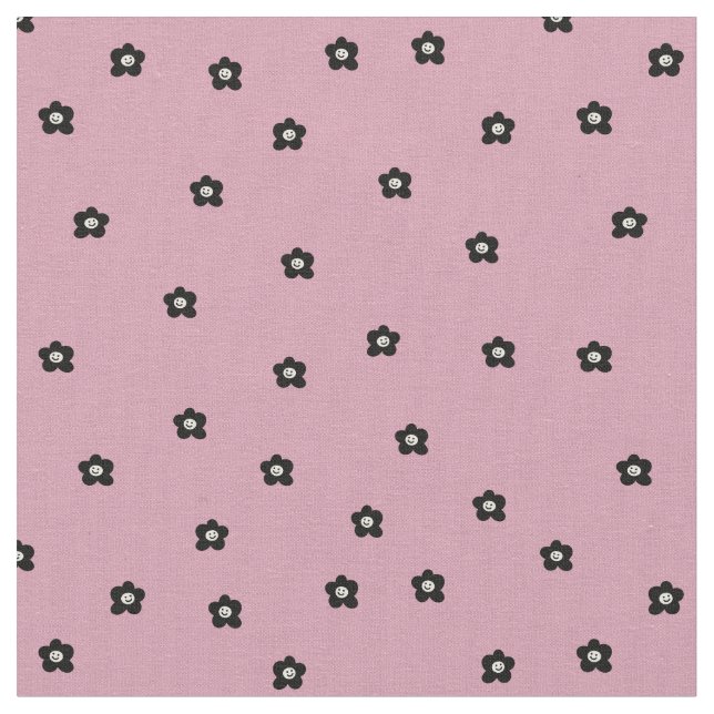 Tela Retro Smiling Flower Pattern in black and Rosa (De cerca)