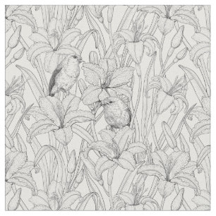 Tela Robins y flores de lilo, negro y blanco