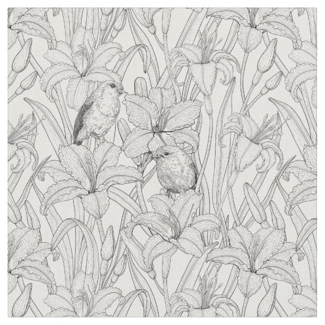 Tela Robins y flores de lilo, negro y blanco (De cerca)