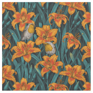 Tela Robins y flores de lirio, naranja y azul
