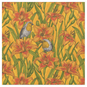 Tela Robins y flores de lirio, naranja y verde